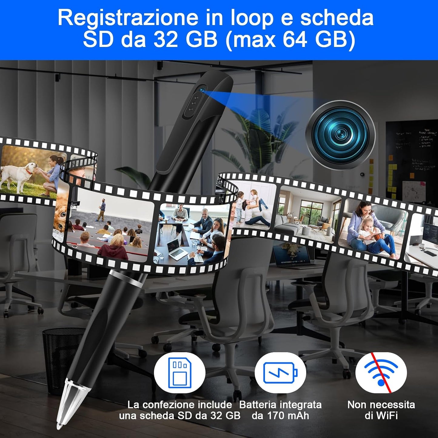 Telecamera Penna Spia 1080P, Microcamera Spia Invisibile Con Audio, Portatile Telecamera Nascosta Spia Con Micro SD Da 32GB, Registrazione in Loop per Aule, Sale E Altri Luoghi Al Chiuso E All'Aperto