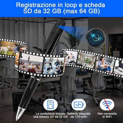 Telecamera Penna Spia 1080P, Microcamera Spia Invisibile Con Audio, Portatile Telecamera Nascosta Spia Con Micro SD Da 32GB, Registrazione in Loop per Aule, Sale E Altri Luoghi Al Chiuso E All'Aperto