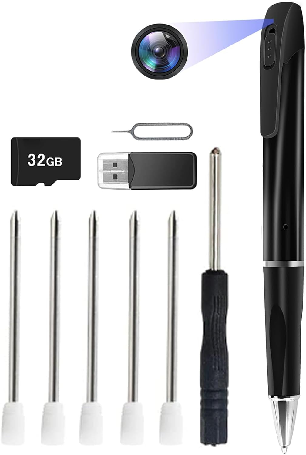 Telecamera Penna Spia 1080P, Microcamera Spia Invisibile Con Audio, Portatile Telecamera Nascosta Spia Con Micro SD Da 32GB, Registrazione in Loop per Aule, Sale E Altri Luoghi Al Chiuso E All'Aperto