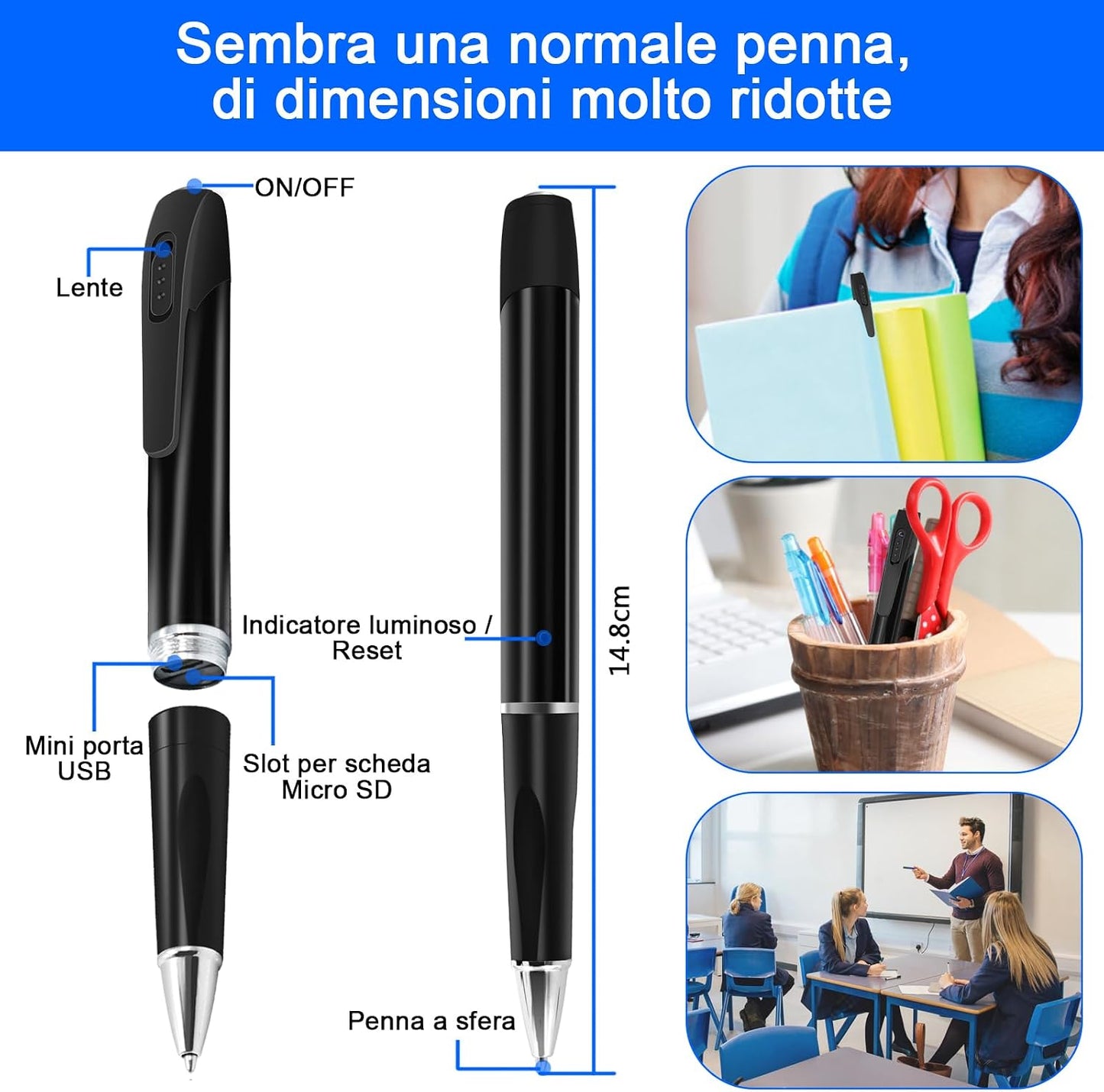 Telecamera Penna Spia 1080P, Microcamera Spia Invisibile Con Audio, Portatile Telecamera Nascosta Spia Con Micro SD Da 32GB, Registrazione in Loop per Aule, Sale E Altri Luoghi Al Chiuso E All'Aperto