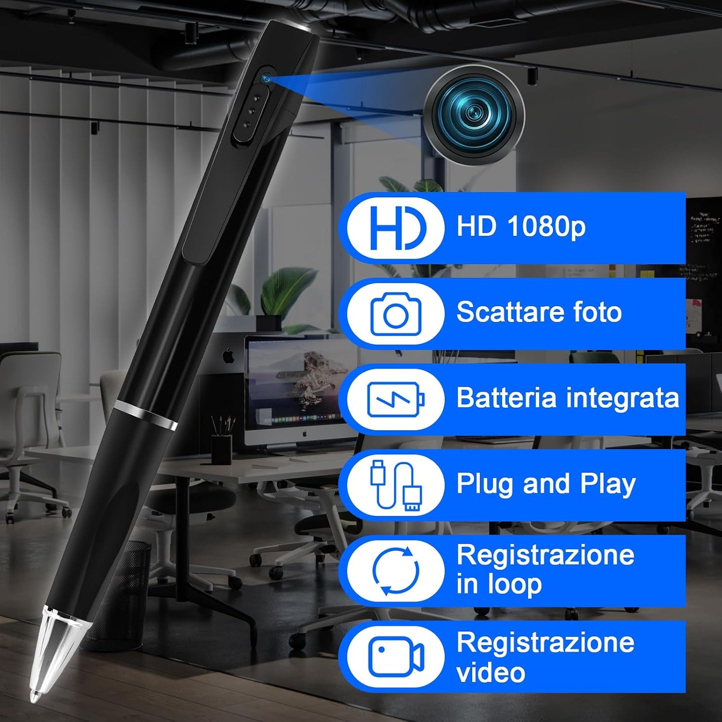 Telecamera Penna Spia 1080P, Microcamera Spia Invisibile Con Audio, Portatile Telecamera Nascosta Spia Con Micro SD Da 32GB, Registrazione in Loop per Aule, Sale E Altri Luoghi Al Chiuso E All'Aperto