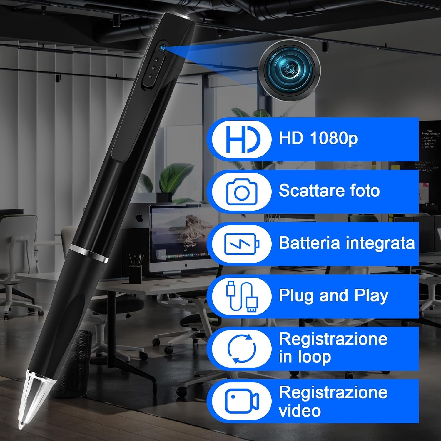Telecamera Penna Spia 1080P, Microcamera Spia Invisibile Con Audio, Portatile Telecamera Nascosta Spia Con Micro SD Da 32GB, Registrazione in Loop per Aule, Sale E Altri Luoghi Al Chiuso E All'Aperto