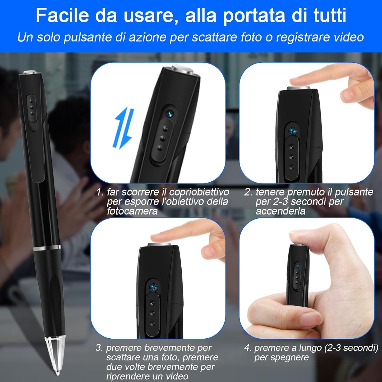 Telecamera Penna Spia 1080P, Microcamera Spia Invisibile Con Audio, Portatile Telecamera Nascosta Spia Con Micro SD Da 32GB, Registrazione in Loop per Aule, Sale E Altri Luoghi Al Chiuso E All'Aperto