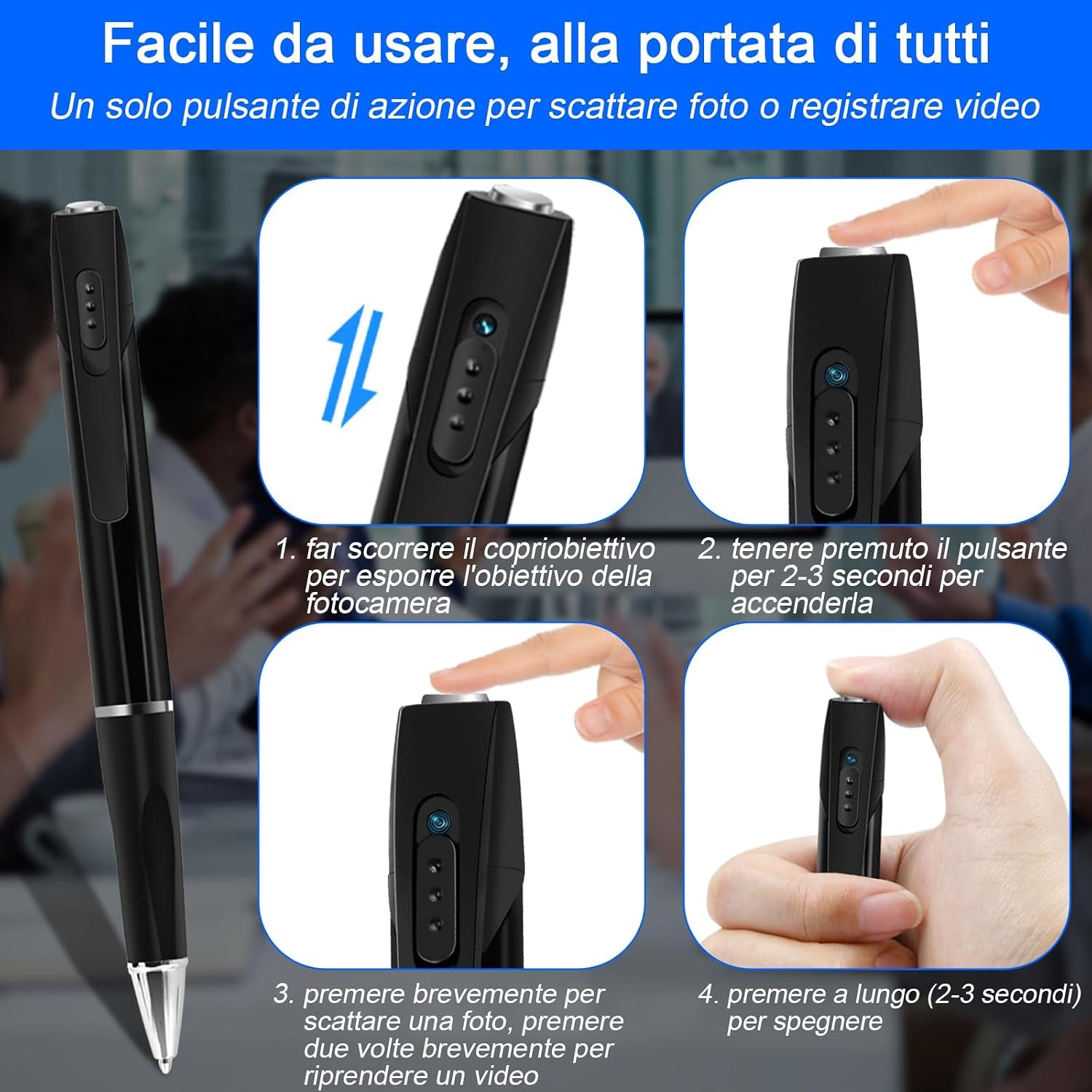 Telecamera Penna Spia 1080P, Microcamera Spia Invisibile Con Audio, Portatile Telecamera Nascosta Spia Con Micro SD Da 32GB, Registrazione in Loop per Aule, Sale E Altri Luoghi Al Chiuso E All'Aperto